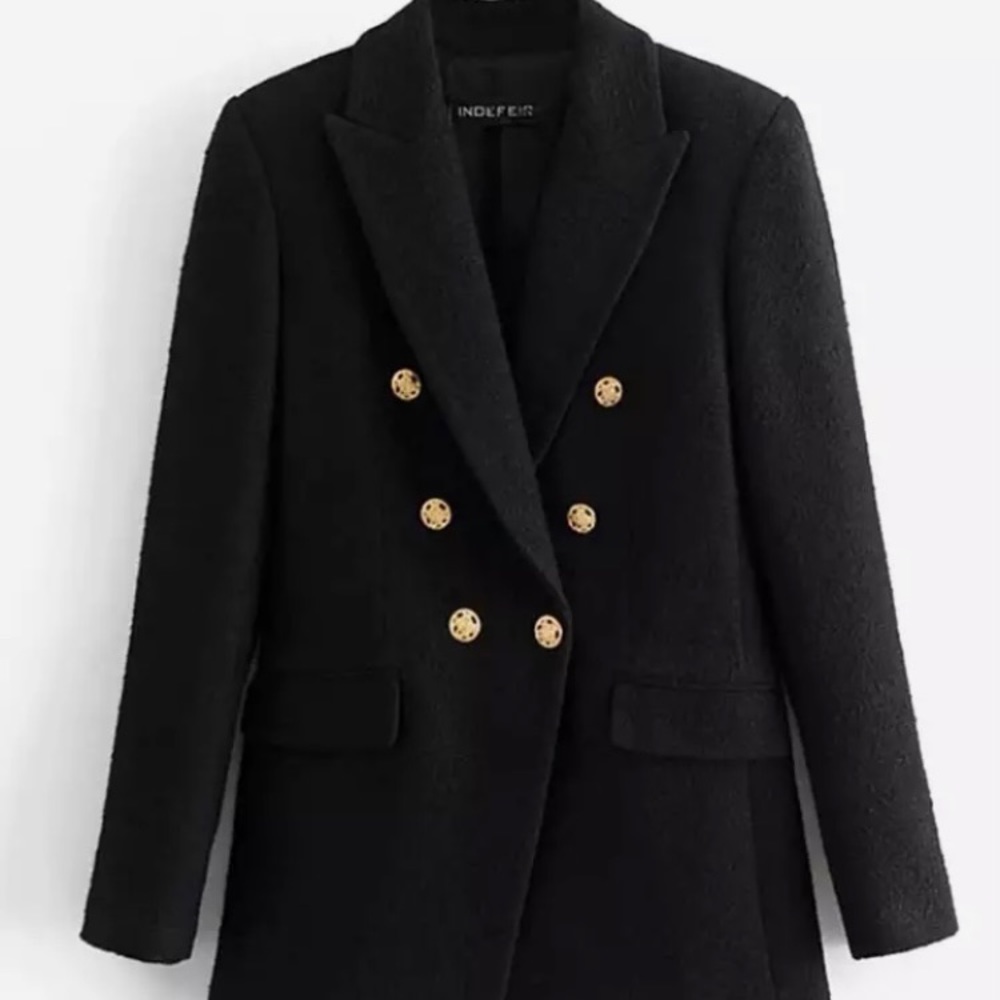 Black Double Breasted Woolen Blazer Coat Vintage Long Sleeve Gold Buttons